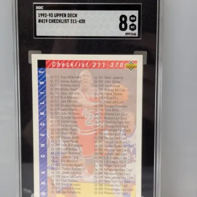 SGC 8 Near Mint/Mint graded 1992-93 Upper Deck #419 Michael Jordan Checklist basketball card in protective slab.