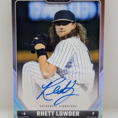 Pulse authentic signature baseball trading card featuring Rhett Lowder in a Cincinnati uniform, signed in blue ink across the front.