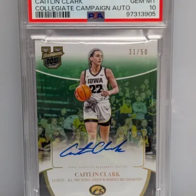 PSA-graded 10 Gem Mint 2024 Bowman U Now Caitlin Clark autographed basketball trading card, serial numbered 31/50.