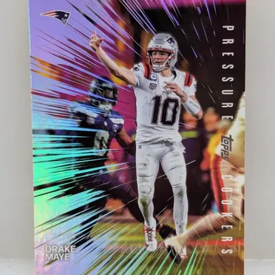 Topps Composite Drake Maye "Pressure Cookers" insert football card featuring a holographic finish.