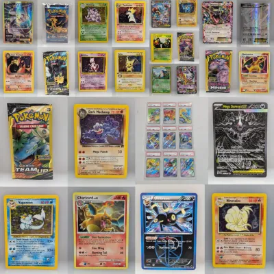 Grid composite showcasing various Pokémon trading cards, including vintage holographic cards, modern EX/GX full arts, graded slabs, and...