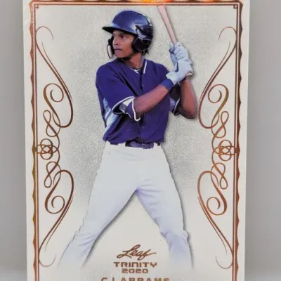 2020 Leaf Trinity CJ Abrams baseball trading card featuring decorative copper foil accents.