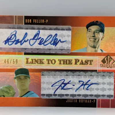 SP Prospects "Link to the Past" dual autographed baseball card featuring Bob Feller and Justin Hoyman, hand-numbered 46/50.