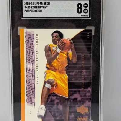 SGC-graded 8 NM/MT 2000-01 Upper Deck Purple Reign #445 Kobe Bryant basketball trading card.