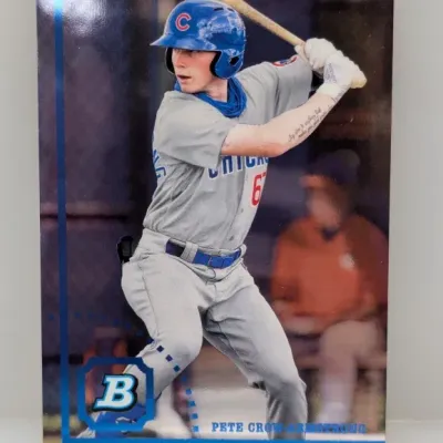 Bowman Pete Crow-Armstrong baseball trading card featuring him in a Chicago Cubs uniform.