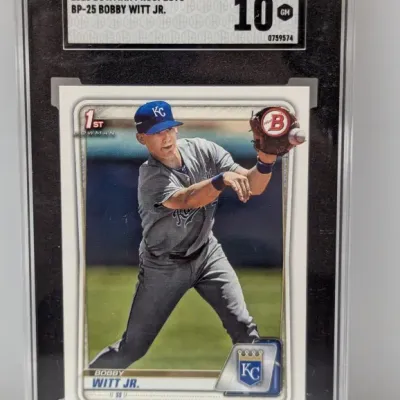 SGC-graded 10 Gem Mint 2020 Bowman Prospects Bobby Witt Jr. 1st Bowman trading card (#BP-25) in a protective slab.