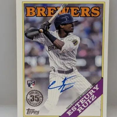 2023 Topps 1988 35th Anniversary Esteury Ruiz certified autograph rookie card featuring him in a Milwaukee Brewers uniform.
