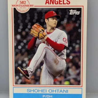 Topps 582 Montgomery Club Shohei Ohtani baseball card in clean condition, featuring him in his Los Angeles Angels uniform.