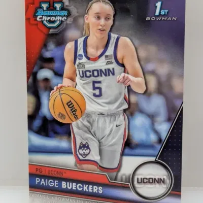 2022-23 Bowman Chrome University Paige Bueckers 1st Bowman sports trading card in pristine condition.