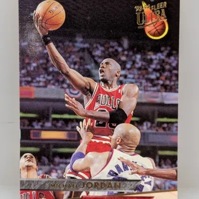 1993-94 Fleer Ultra Michael Jordan basketball trading card #28, featuring an action shot of Jordan driving to the hoop.