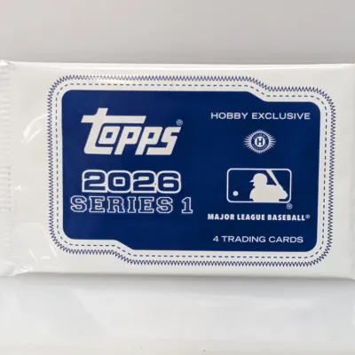 Sealed Topps 2026 Series 1 Hobby Exclusive Major League Baseball pack containing 4 trading cards.