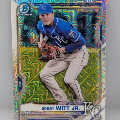 2020 Bowman Chrome Mega Box Refractor baseball trading card featuring Kansas City Royals prospect Bobby Witt Jr.
