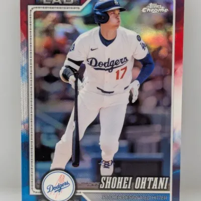 Topps Chrome Shohei Ohtani Los Angeles Dodgers trading card featuring a patriotic border parallel design.