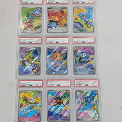 Set of nine PSA Gem Mint 10 graded 2026 Pokémon First Partner Illustration Collection Series 1 promo cards displayed in a three-by-three...