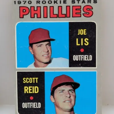 1970 Topps baseball card featuring Philadelphia Phillies 1970 Rookie Stars Joe Lis and Scott Reid.