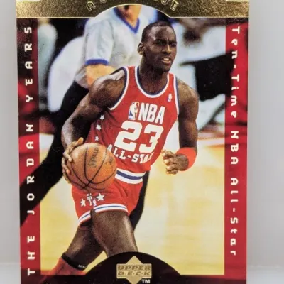 Upper Deck 'The Jordan Years' Michael Jordan insert card featuring die-cut gold foil lettering along the top border. Appears to...