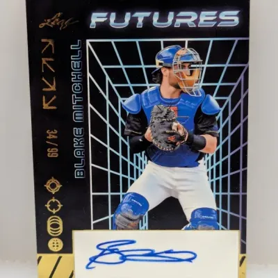 Leaf Futures Blake Mitchell autographed trading card, serial numbered 34/99, featuring a sticker signature.