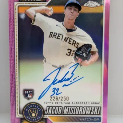 Topps Chrome Jacob Misiorowski autographed rookie card, numbered 226/250, featuring a pink refractor border.
