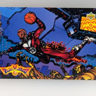1992-93 Upper Deck Fanimation Agent 23 Michael Jordan trading card featuring artwork by Jim Lee. The card shows light edge wear.