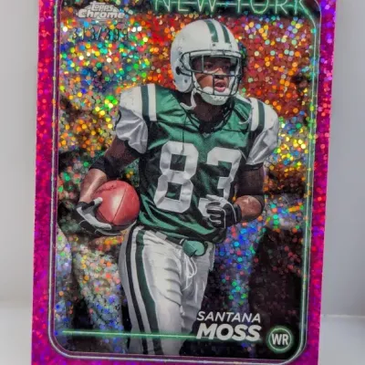 Topps Chrome Santana Moss New York Jets trading card featuring a magenta refractor finish, numbered 313/399.