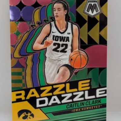 Panini Mosaic Caitlin Clark Iowa Hawkeyes "Razzle Dazzle" trading card in excellent condition.