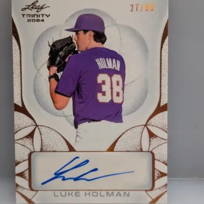 2024 Leaf Trinity Luke Holman autographed baseball card, hand-numbered 27/99.
