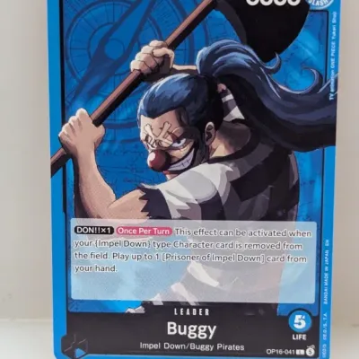 One Piece Card Game Buggy Leader card (OP16-041 L), featuring full-art character illustration in near-mint condition.