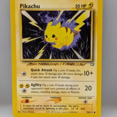 Vintage Pikachu 70/111 Pokémon trading card from the Neo Genesis set, dated 1995-2000.