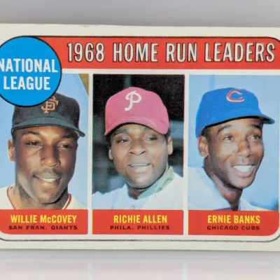 1969 Topps #2 baseball card featuring National League 1968 Home Run Leaders Willie McCovey, Richie Allen, and Ernie Banks.
