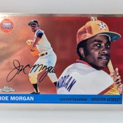 Topps Chrome Joe Morgan Houston Astros baseball card featuring a metallic refractor finish and printed facsimile signature.