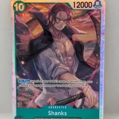 One Piece Card Game Shanks secret rare character card (OP01-120), featuring a full-art holographic finish in near-mint condition.