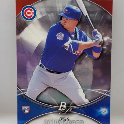 Bowman Platinum Kyle Schwarber Chicago Cubs rookie baseball card, featuring him in a batting stance with a metallic finish.