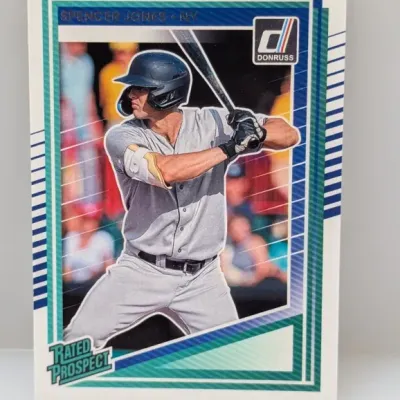 Panini Donruss Spencer Jones "Rated Prospect" baseball trading card, featuring the New York prospects outfielder in a batting...