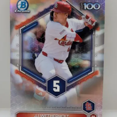 2024 Bowman Chrome JJ Wetherholt Top 100 insert baseball card featuring a metallic holographic finish.