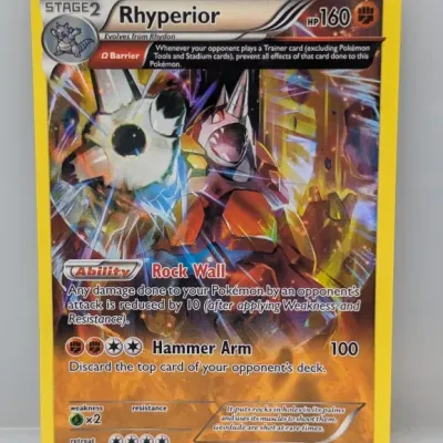 Pokémon Trading Card Game Rhyperior card (77/160) from the XY Primal Clash expansion set, copyright 2015.