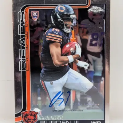 Topps Chrome rookie trading card featuring an autograph from Chicago Bears wide receiver Luther Burden III.
