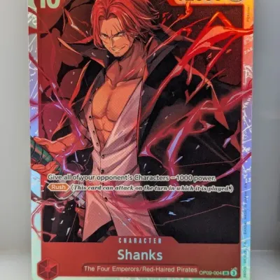 One Piece Card Game Shanks alternate art SR card (OP09-004) in excellent condition.