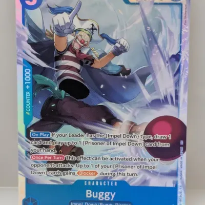 One Piece Card Game Buggy Super Rare trading card (OP16-048 SR) in near-mint condition with holographic foil finish.