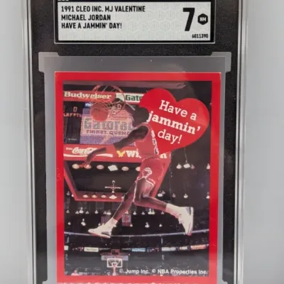 SGC-graded 7 NM copy of a 1991 Cleo Inc. Michael Jordan Valentine card, featured in a protective hard slab.