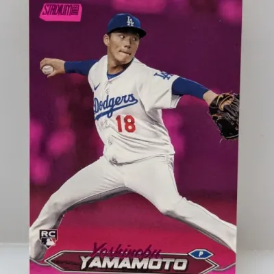 2024 Topps Stadium Club Yoshinobu Yamamoto rookie baseball card featuring a magenta foil parallel background, shown in clean condition.
