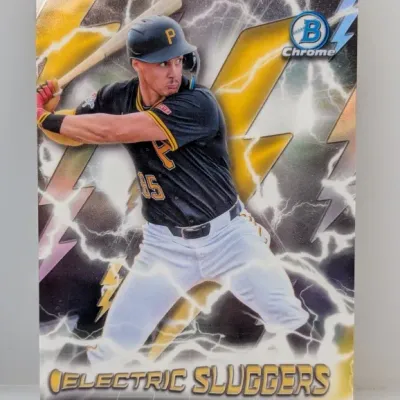 Bowman Chrome Konnor Griffin "Electric Sluggers" insert baseball trading card depicting him in a Pittsburgh Pirates batting...