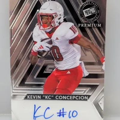 2024 Press Pass Premium autographed football card featuring Kevin "KC" Concepcion, signed with his initials and jersey number 10.