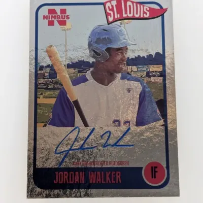 Nimbus autographed baseball trading card featuring Jordan Walker of St. Louis, executed on a foil-style background.
