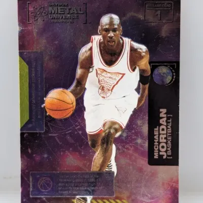 Michael Jordan SkyBox Metal Universe Champions base trading card #1, featuring a foil metallic galaxy background.