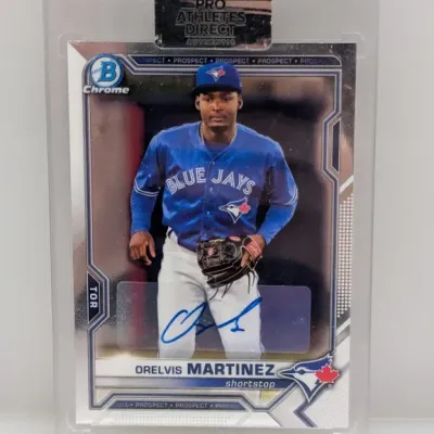 Bowman Chrome autographed Orelvis Martinez Toronto Blue Jays prospect trading card, sealed in a Pro Athletes Direct authentic protective...