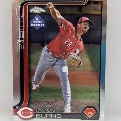 Topps Chrome Pro Debut Chase Burns baseball card featuring the Cincinnati Reds pitcher in excellent condition.