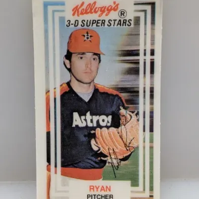 Vintage 1981 Kellogg's 3-D Super Stars Nolan Ryan baseball card in good condition, featuring him in his Houston Astros uniform.