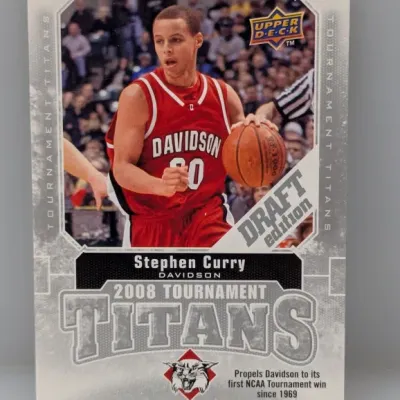 2009 Upper Deck Draft Edition 2008 Tournament Titans Stephen Curry rookie insert trading card featuring his time at Davidson College.