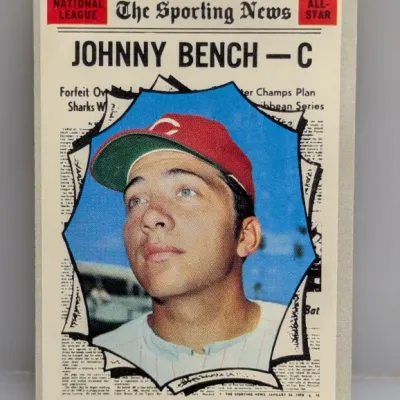 1970 Topps The Sporting News All-Star Johnny Bench trading card (#424) featuring a newspaper headline design background.