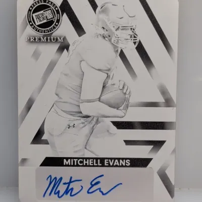 2024 Press Pass Premium Mitchell Evans autographed printing plate football card featuring a blue ink signature.